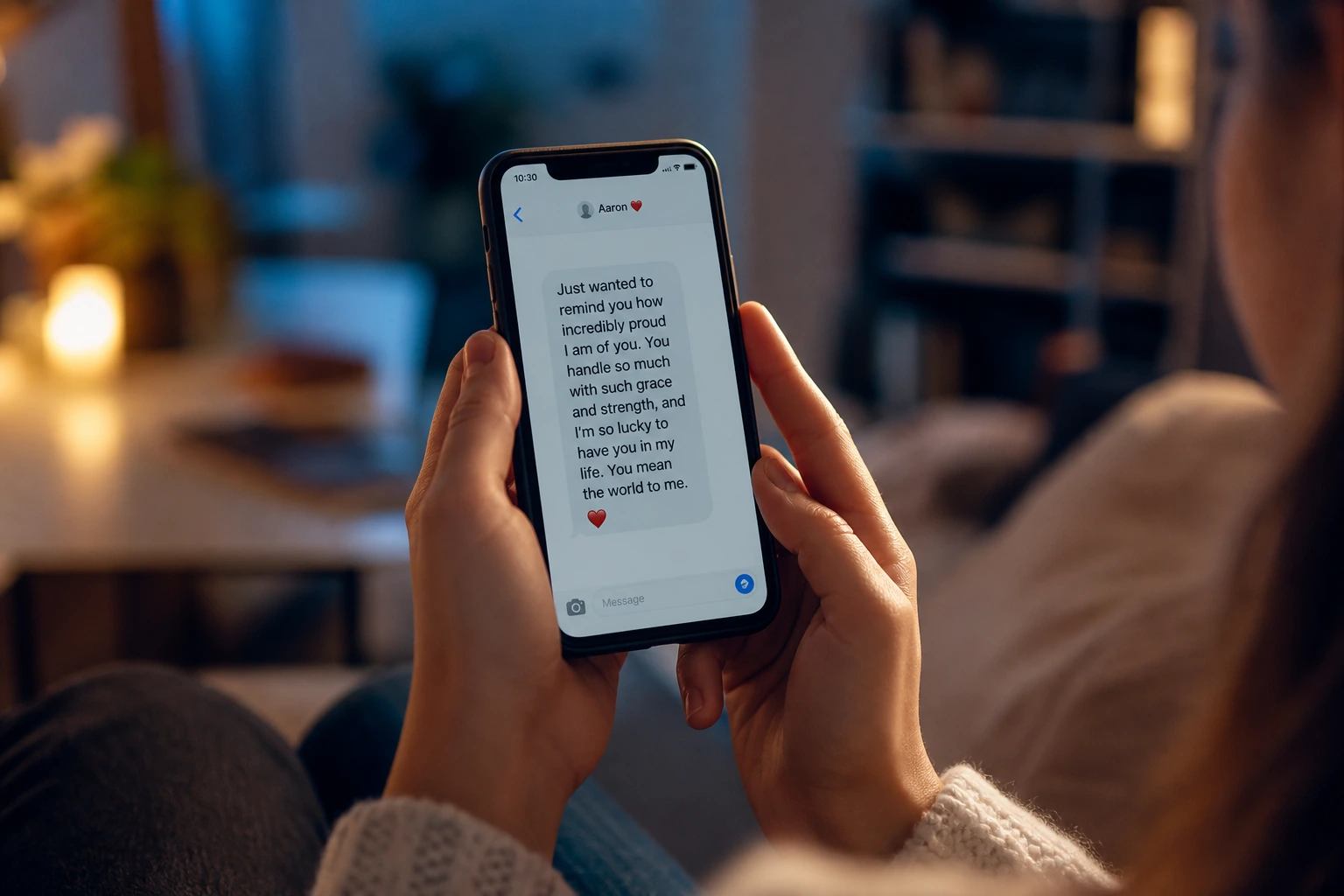 A person reading a heartfelt message from a loved one on their phone at home.