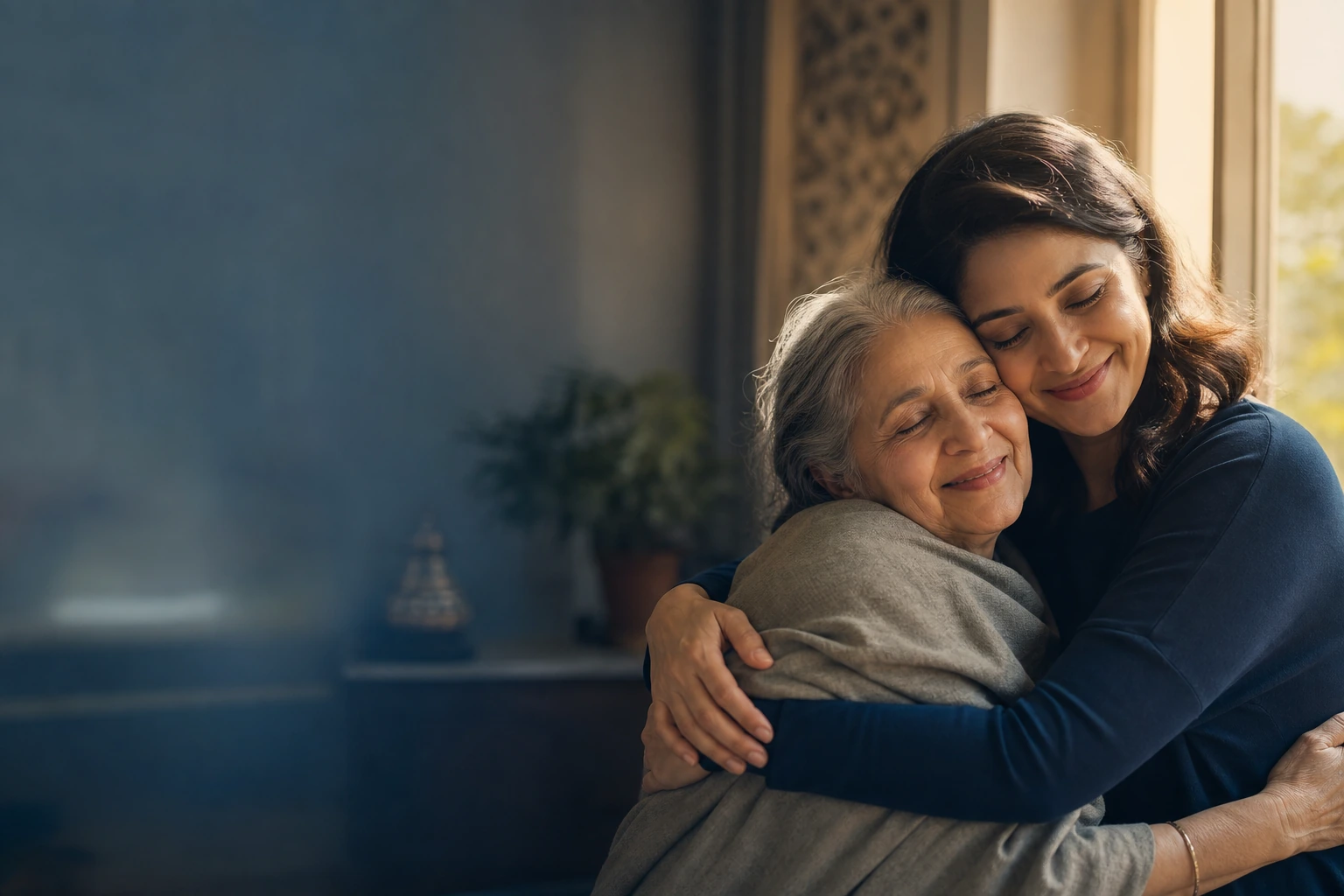 An adult daughter embracing her elderly mother beside a sunlit window.