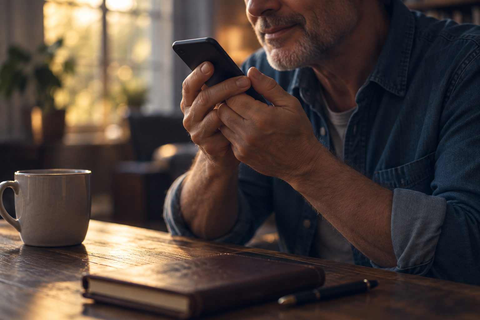 A man recording a voice message on his phone at his desk.