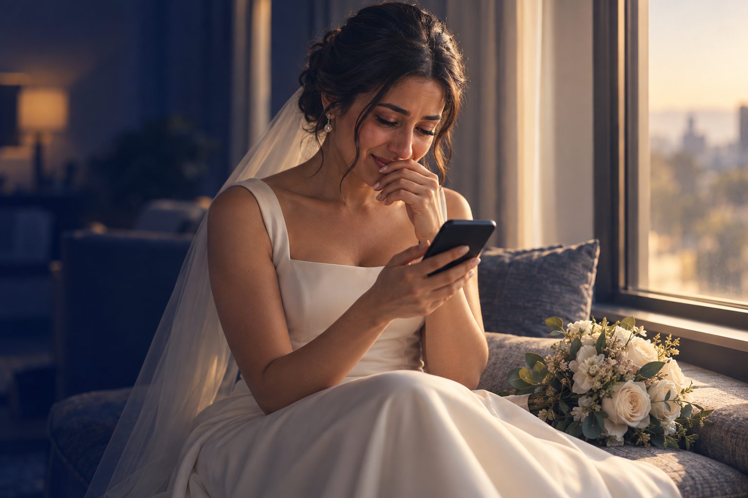 A bride reading a message on her phone before her wedding.