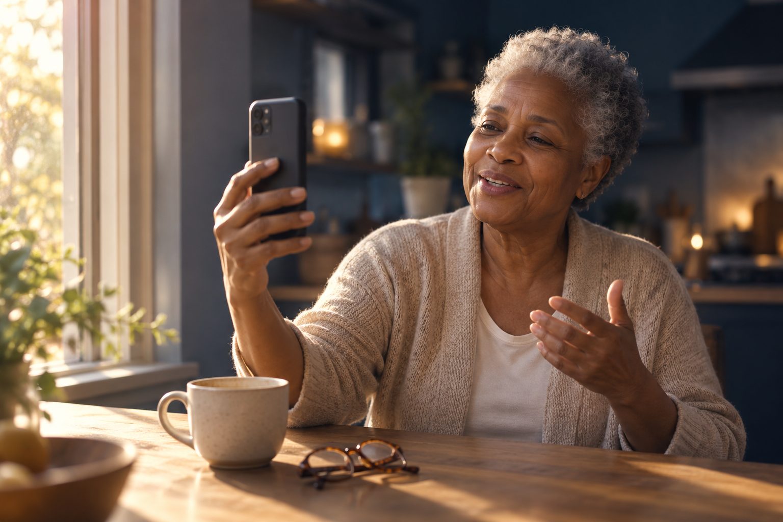 A woman recording a video message on her phone at her kitchen table.