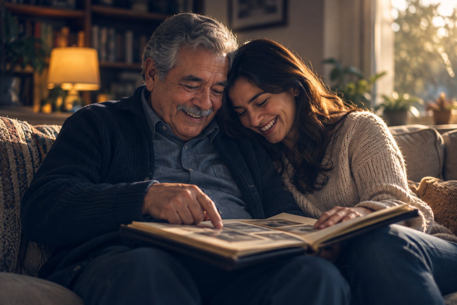 A father and his adult daughter laughing over an old photo album.