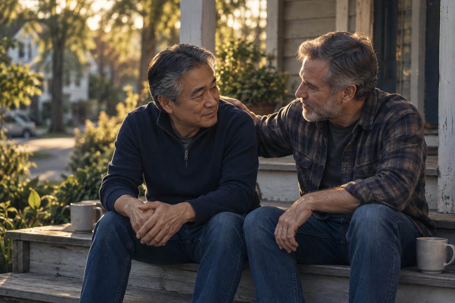 Two old friends talking on a porch, one with a hand on the other's shoulder.